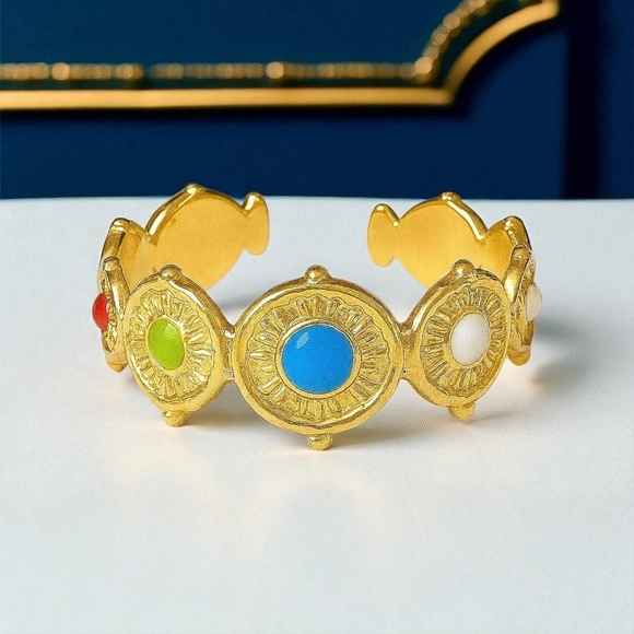 ๐๏ธBold 18K Gold Plated Open Adjustable Ring With Colorful Medallion Accents ๐ - Picture 11 of 11